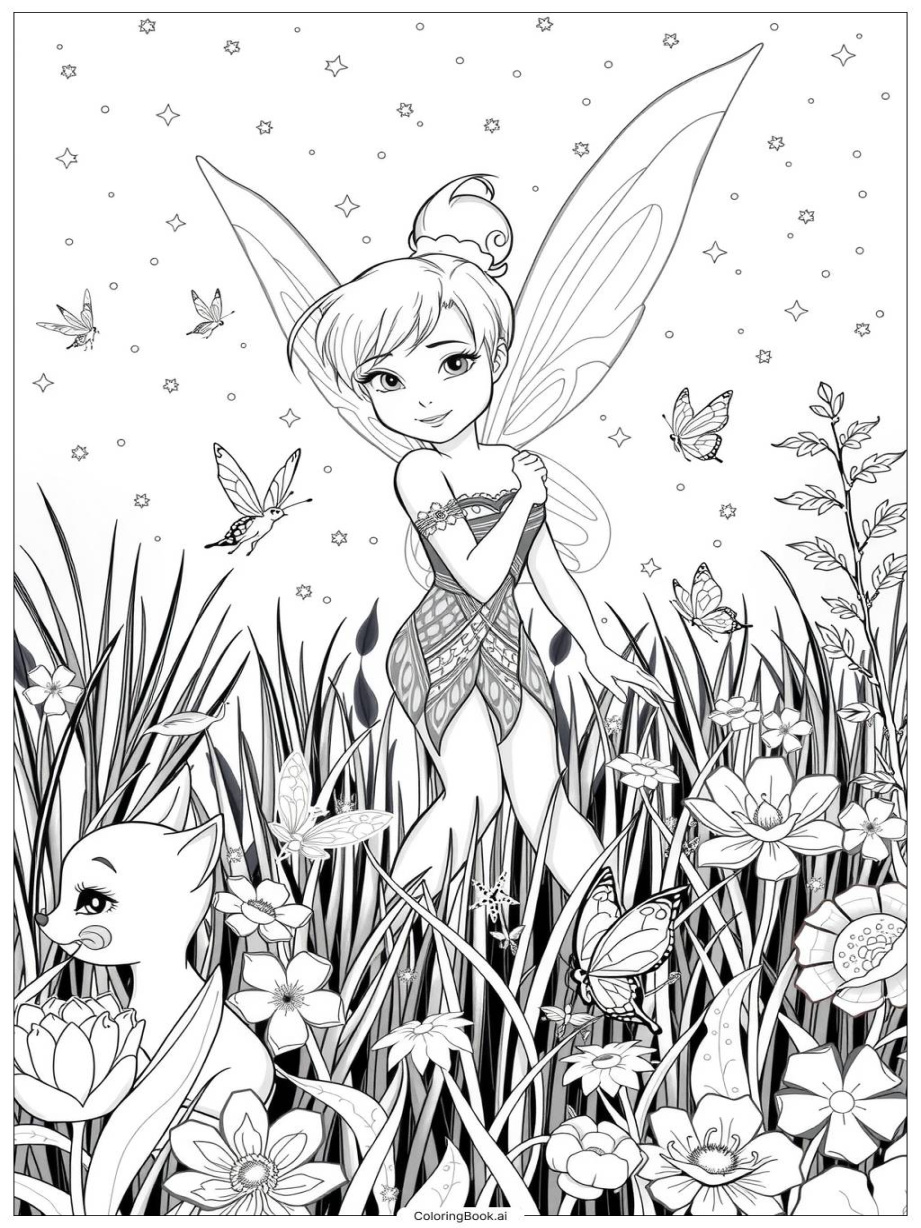 tinkerbell surrounded by magical creatures in a sparkling meadow- tinkerbell surrounded by magical creatures in a sparkling meadow-